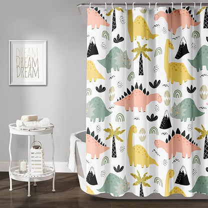 AILONEN Dinosaur Shower Curtain for Kids Boys Girls, Cute Kawaii Dinosaur Bathroom Curtain,Tropic Tree Leaves Printed Bath Curtain 36" W*72" H Polyester Waterproof Bathroom Curtain with 12 Hooks