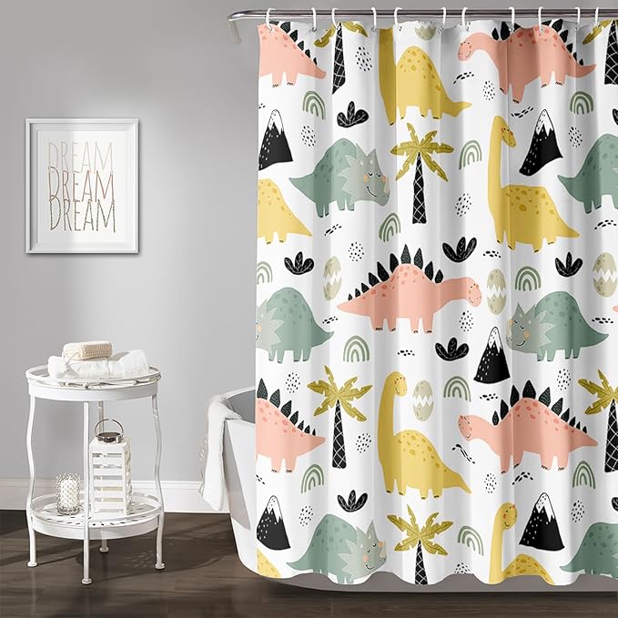 AILONEN Dinosaur Shower Curtain for Kids Boys Girls, Cute Kawaii Dinosaur Bathroom Curtain,Tropic Tree Leaves Printed Bath Curtain 72" W*78" H Polyester Waterproof Bathroom Curtain with 12 Hooks