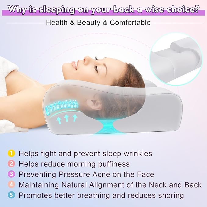Anti Wrinkle Ergonomic Back Sleep Training Pillow: Cervical Memory Foam Anti Aging Beauty Pillow for Neck Pain Relief - Contoured Neck & Shoulder Support Flawless Face Pillow with Cooling Pllowcase