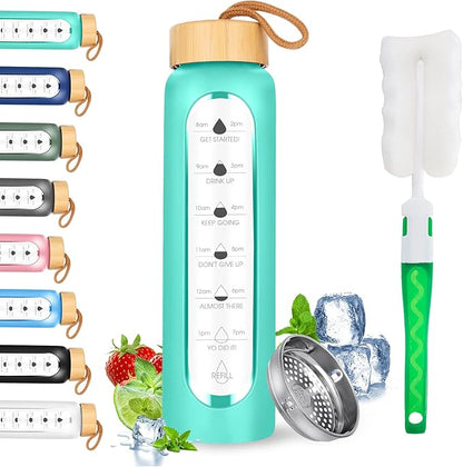 32 Oz Borosilicate Glass Water Bottle with Times to Drink | BPA Free - Reusable Wide Mouth Glass Motivational Water Bottles with Infuser & Silicone Sleeve (SHINY GREEN)