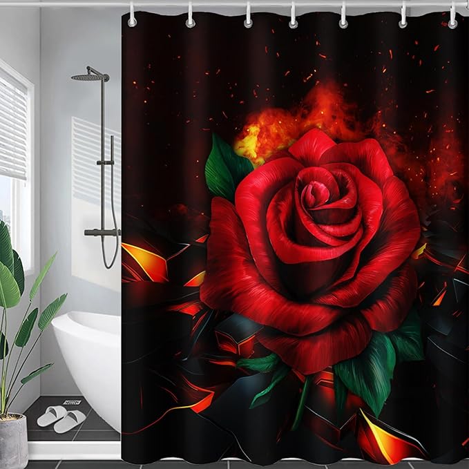 AILONEN Red Rose Shower Curtain for Bathroom, 3D Print Romantic Flower Bath Curtain,Modern Botanical Flame Fire Rose Flower Waterproof Shower Curtain Decoration with 12 Plastic Hooks, 72" W*72" H
