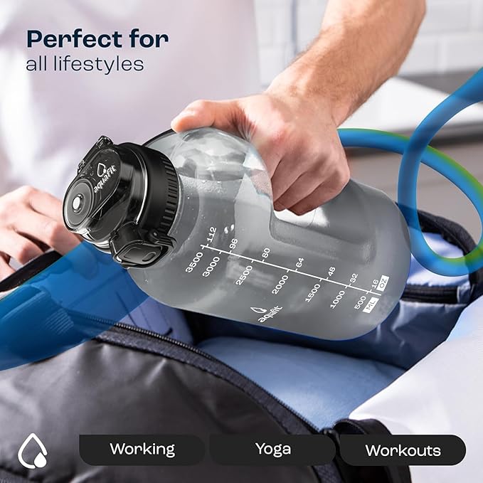 AQUAFIT 1 Gallon Water Bottle with Time Marker - BPA Free 128 oz Water Bottle with Straw, Gym Water Bottle with Handle, 1 Gallon Water Jug, Big Water Bottle, Large Water Bottle (Serenity)