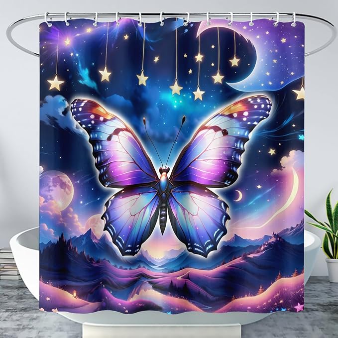 AILONEN Butterfly Shower Curtain for Girls, Fairy Purple Clouds Print Starry Butterfly Bath Curtain,Fantasy Moon Butterfly Decoration Bathroom Waterproof Curtain with 12 Plastic Hooks, 72" W*78" H