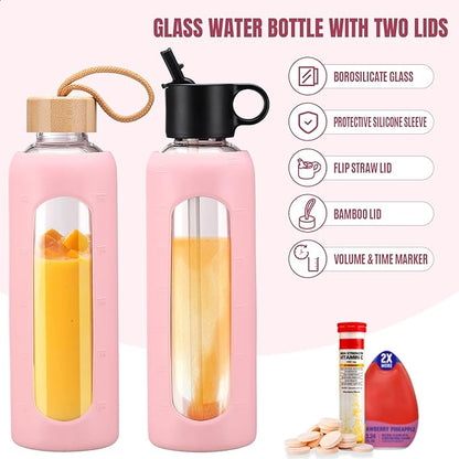 24oz Glass Water Bottle With 2 Lids-Flip Straw Lid, Bamboo Lid, Glass Water Bottle With Silicone Sleeve, Motivational Time Marker, Glass Juice Bottle for Cold Drink,Pink