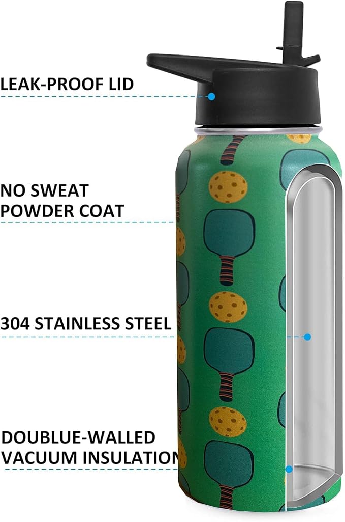 32oz Pickleball Water Bottle Insulated Vacuum Stainless Steel Tumbler Travel Mugs With Straw for Gym Camping Hiking