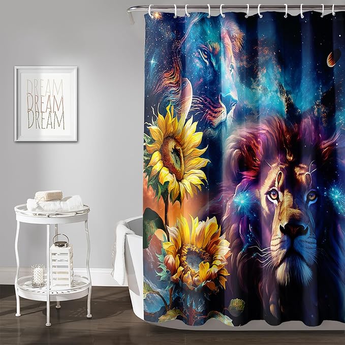 AILONEN Lion Shower Curtain for Kids Boys Teens,Galaxy Sunflower Lion Bath Curtain for Bathroom Decor,Modern Romantic Polyester Waterproof with 12 Plastic Hooks 72" W*78" H