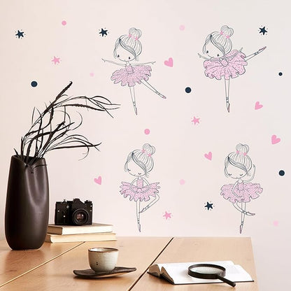 4 Cute Ballerina Ballet Dancers Wall Decals for Girls Bedroom Large Removable Wall Stickers for Classroom Pink and Black Wall Murals Peel and Stick Vinyl Kids Room Decor for Living Room Nursery