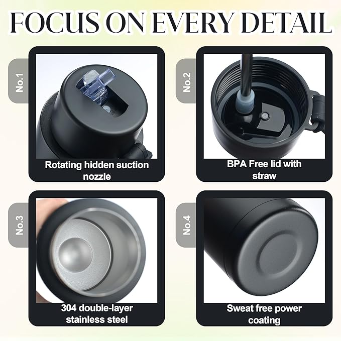 AGH 30oz Water Bottle - Double Wall Vacuum Insulated Stainless Steel Tumbler with Straw - Black