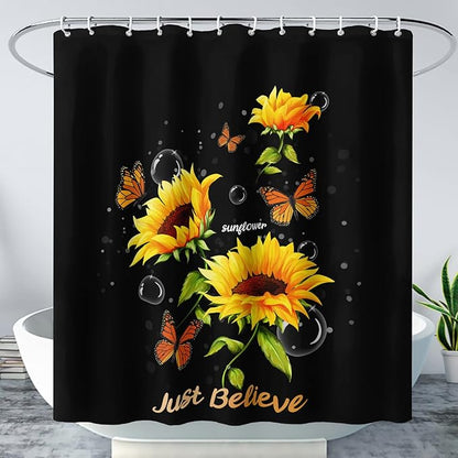 AILONEN Sunflower Shower Curtain for Bathroom,Butterfly Sunflower Bath Curtain Waterproof,Garden Yellow Flower Decor Bathroom Black Curtain with 12 Plastic Hooks, 36" W x 72" H