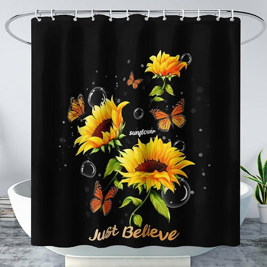 AILONEN Sunflower Shower Curtain for Bathroom,Butterfly Sunflower Bath Curtain Waterproof,Garden Yellow Flower Decor Bathroom Black Curtain with 12 Plastic Hooks, 36" W x 72" H