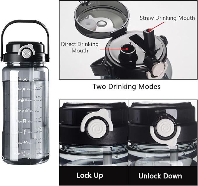 Plastic Water Bottle with Straw, 64 oz/2 L Large Water Bottle with Time Marker to Drink Leakproof Reusable Motivational Water Jug for Sports Gym Fitness Outdoor (Black)