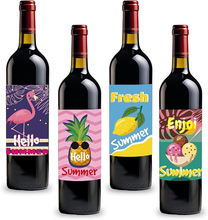 8 Pieces Tropical Summer Wine Bottle Labels Flamingo Pineapple Wine Bottle Stickers Pink Yellow Green Hawaii Wine Bottle Cover Decorations for Summer Beach Carnival Party Supplies