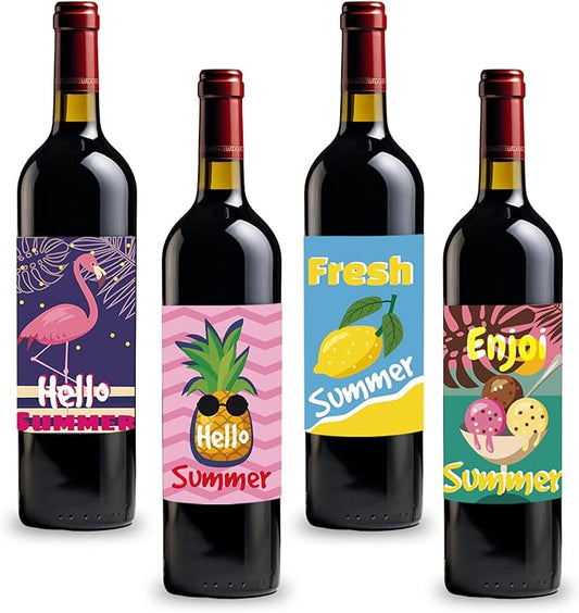 8 Pieces Tropical Summer Wine Bottle Labels Flamingo Pineapple Wine Bottle Stickers Pink Yellow Green Hawaii Wine Bottle Cover Decorations for Summer Beach Carnival Party Supplies