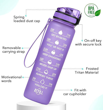 32oz Motivational Water Bottle with Time Marker & Fruit Strainer, Leak-proof BPA Free Non-Toxic Bottle with Carrying Strap, Perfect for Fitness, Gym and Outdoor Sports