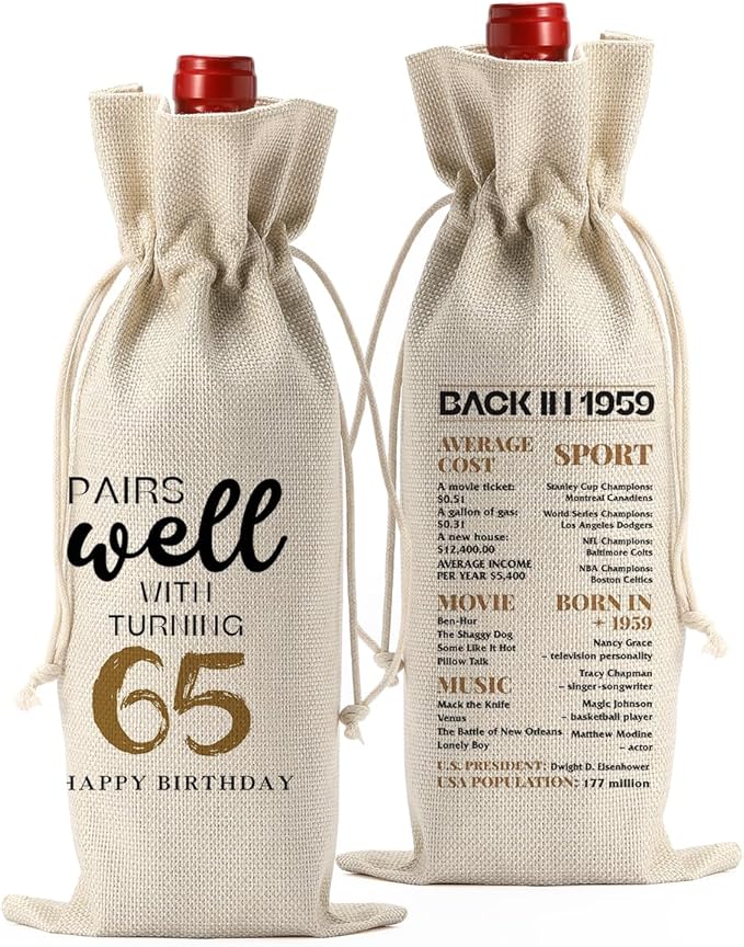65th Birthday Gifts for Women Men, Gifts for 65 Year Old Man Grandparents Wine Gift Bag, Wine Accessories Gifts Anniversary 65th Birthday Decorations Wine Bag Wine Bags for Wine Bottles Gifts
