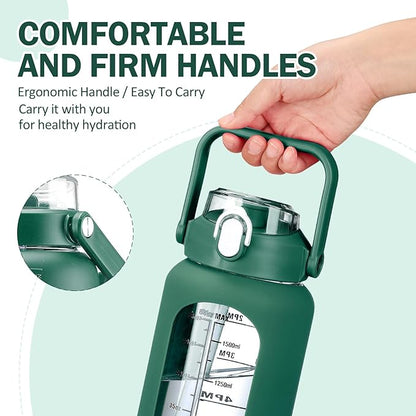 kytffu 64oz Glass Water Bottles with Straw, Half Gallon Motivational Glass Bottle with Silicone Sleeve and Time Marker, 2L Leakproof Large Glass Water Jug for Gym Home Office, Ink Green