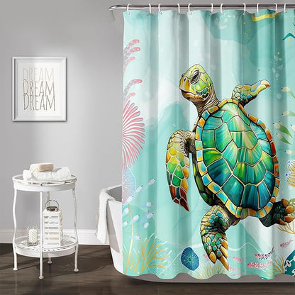 AILONEN Cute Sea Turtle Shower Curtain,Cartoon Turtle with Water Plant Shower Curtain Set for Bathroom,Kawaii Ocean Animal Theme Waterproof Fabric Shower Curtain with Hooks,72" W*96" H