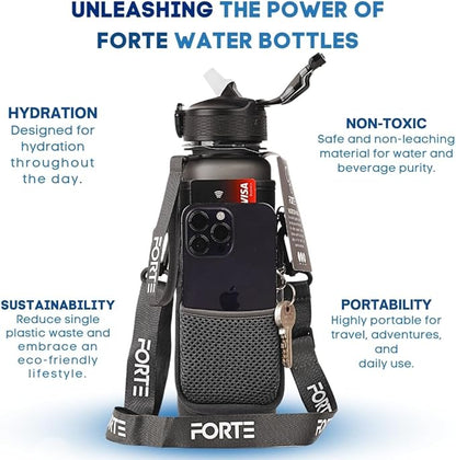 FORTE Plastic Water Bottle with Sleeve - BPA-Free Water Jug with Leak Proof Lid and Straw - Perfect for Gym, Office, and Everyday Use (Grey)