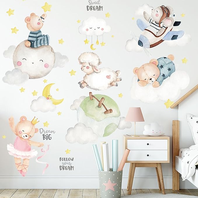 Animal Wall Sticker Clouds Bear Sheep Moon Wall Decals Children DIY Art Decal for Living Room TV Sofa Background Bedroom Kids Room Nursery