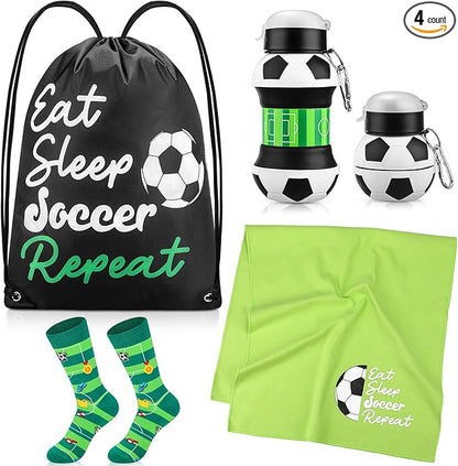 4 Pcs Soccer Gift Set Soccer Drawstring Bag Soccer Stuff, Silicone Water Bottle, Quick Dry Towel, Socks for Training Sports Accessories