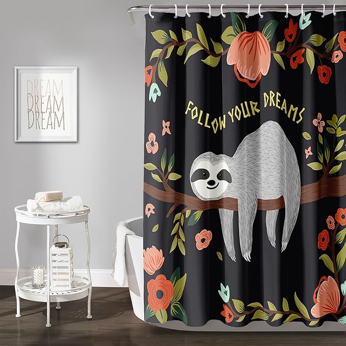 AILONEN Kawaii Sloth Shower Curtain for Bathroom Decor,Floral Sloth Bath Curtain for Kids Boys Girls,Polyester Waterproof 72" W*84" H with 12 Plastic Hooks