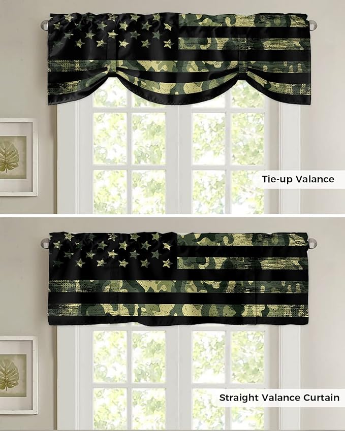 Rustic Green Camo Military Pattern American Flag Blackout Tie Up Valance Curtains for Kitchen Windows Camouflage Window Toppers Balloon Shades for Living Room/Bathroom/Bedroom,1 Panel,42" X 12"