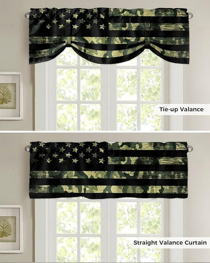 Rustic Green Camo Military Pattern American Flag Blackout Tie Up Valance Curtains for Kitchen Windows Camouflage Window Toppers Balloon Shades for Living Room/Bathroom/Bedroom,1 Panel,42" X 12"