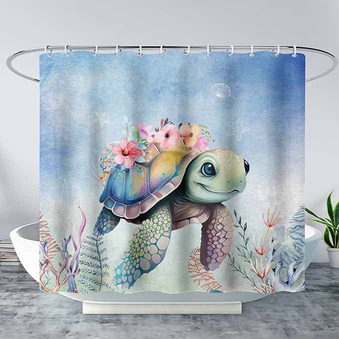 AILONEN Sea Turtle Shower Curtain,Kawaii Sea Turtle Bath Curtain Cloth Fabric Bathroom 36" W*72" H Inch,12 Pack Hooks for Kids,Ocean Animal Themed Bathroom Curtain