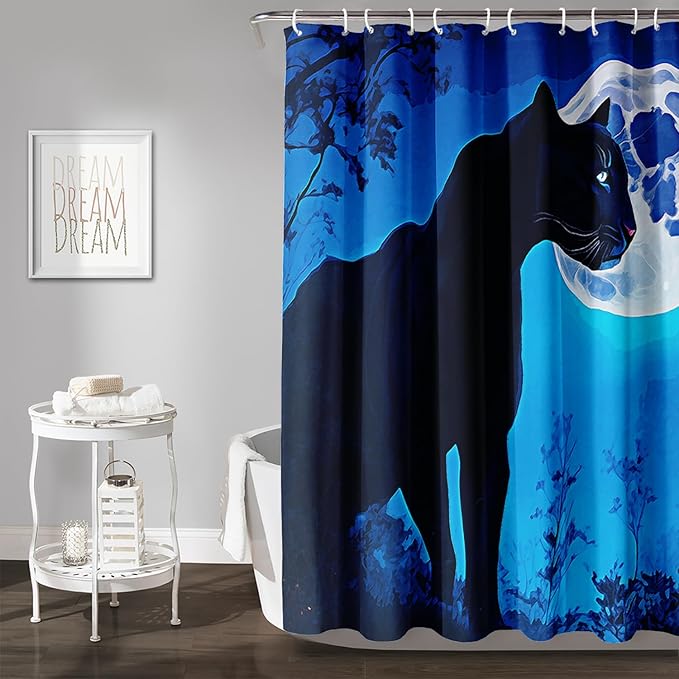 AILONEN Black Panther Shower Curtain,Evening Moon Leopard Bath Curtain for Women,Wildlife Cheetah Polyester Waterproof for Bathroom,72" W*84" H with 12 Plastic Hooks