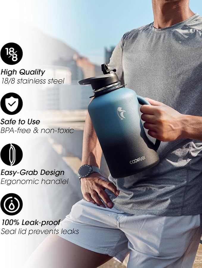 64 oz Water Bottle Insulated with Handle, Coolflask Half Gallon Water Jug With Strap Straw Stainless Steel Double-Walled Vacuum Metal Large Flask Leakproof, Keep Cold 48 Hrs Hot 24hrs, Prussian Blue