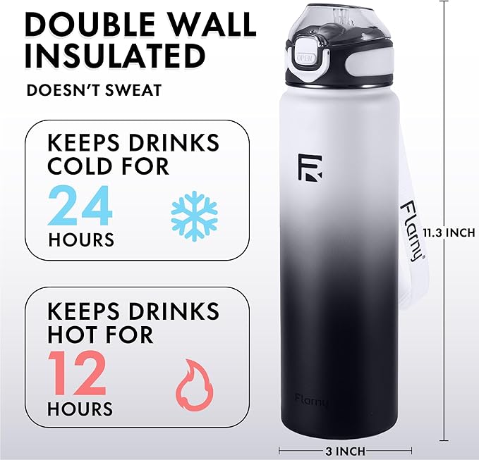 32 oz Insulated Water Bottle with Straw, Stainless Steel Metal Thermos Bottles, Durable Non-Slip Gradient Bottle with Strap for Sports and Travel, Leak Proof (Gray Black)