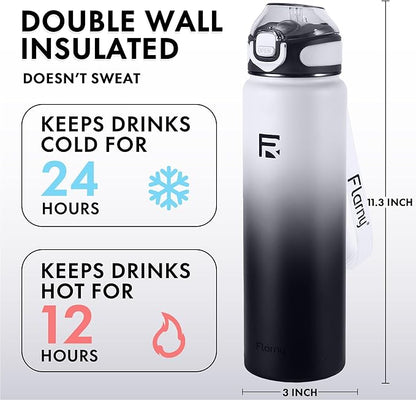 32 oz Insulated Water Bottle with Straw, Stainless Steel Metal Thermos Bottles, Durable Non-Slip Gradient Bottle with Strap for Sports and Travel, Leak Proof (Gray Black)