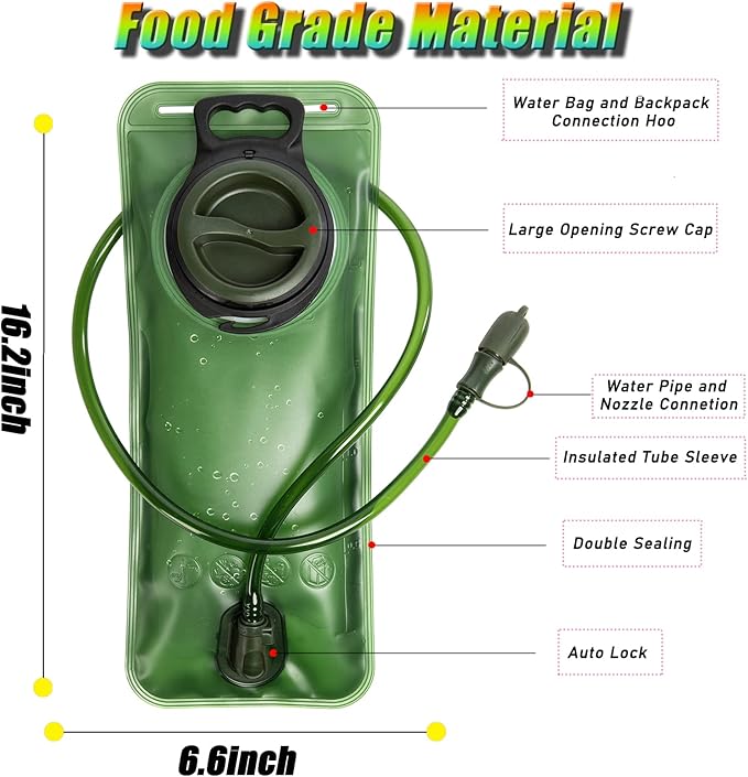 Hydration Bladder, BPA Free Water Bladder, Hiking Water Storage Bag and Tactical Backpack Combination, Suitable for Camping, Cycling, Running, Rock Climbing,2-Liter Military Green