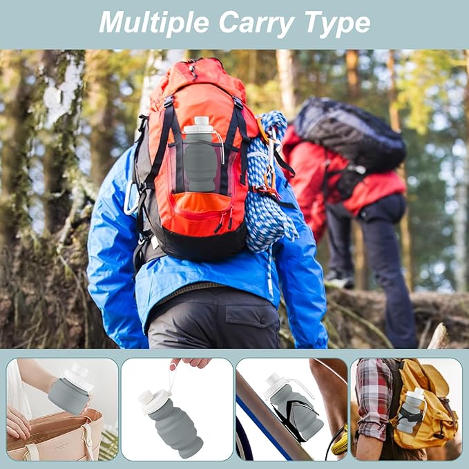 THAIOXYH® Collapsible Water Bottles 11 oz（320ml） Reuseable Foldable Portable BPA Free Silicone Collapsible Water Bottles for Traveling Hiking Camping Sports (grey)…