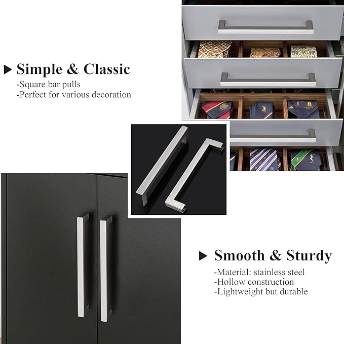 Probrico 10 Pack Kitchen Furniture Hardware Cupboard Drawer Door Cabinet Pulls and Knobs Stainless Steel T Bar Modern Contempory Style, 6-3/10" Hole Centers