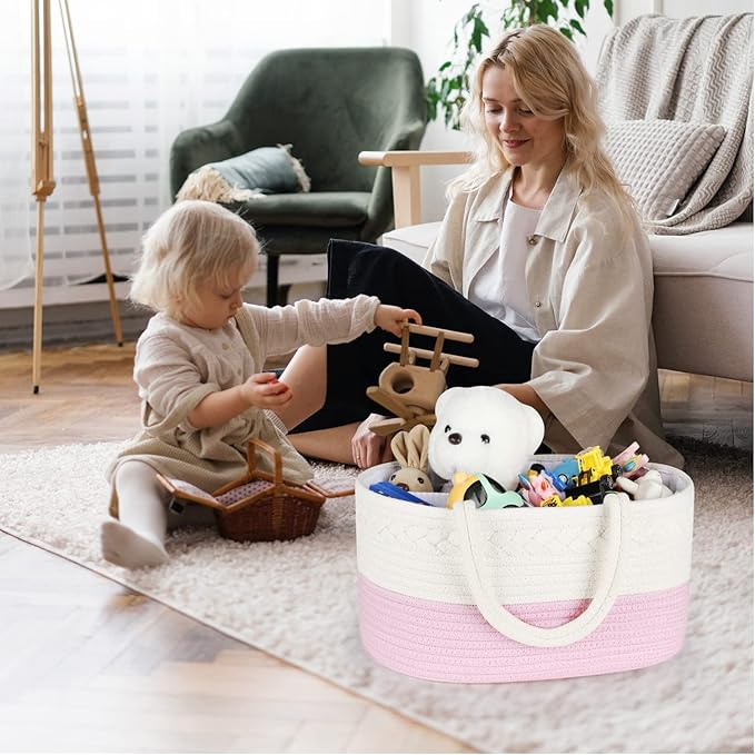 ABenkle Baby Diaper Caddy, Nursery Storage Bin and Car Organizer for Diapers Wipes, Cotton Rope Basket Changing Table Caddy