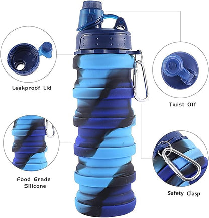 Collapsible Water Bottles 2 pack Travel Water Bottle Portable Hiking Water Bottle with Leak proof 500ML Reusable BPA Free Silicone Water Bottles. (Blue Camouflage +Pink)