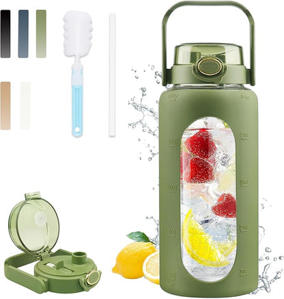 64 Oz Glass Water Bottle with Straw and Lid, Sports Motivational Water Bottle, Leakproof Water Jug Fitness with Silicone Sleeve for Gym, Green
