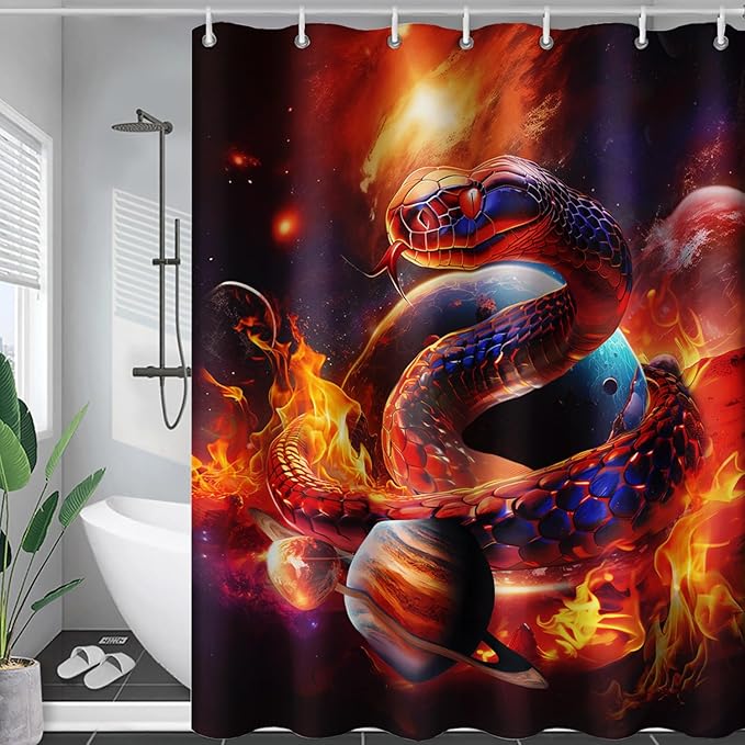 AILONEN 3D Snake Shower Curtain for Boys,Flame Fire Planet Snake Bath Curtain for Bathroom Decor,Safari Animal Polyester Waterproof for Shower, 72" W*96" H with 12 Plastic Hooks