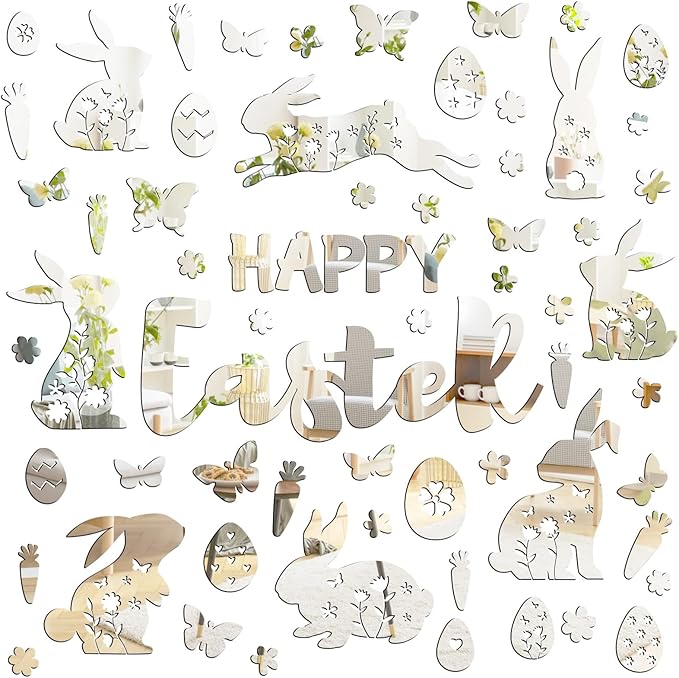Easter Wall Decor Happy Easter Eggs Bunny Flower Wall Decals 3D Acrylic Mirror Wall Stickers Peel and Stick Easter Floral Butterfly Wall Art Mural for Spring Kids Bedroom Party Supplies Decoration