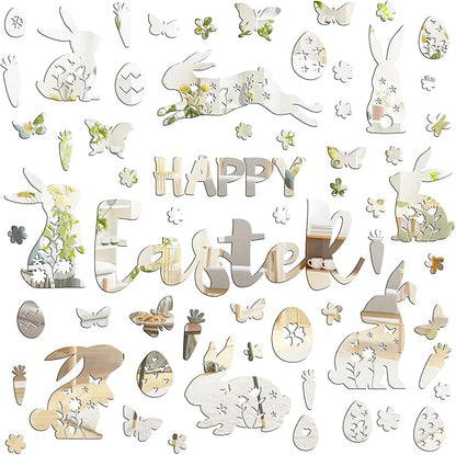 Easter Wall Decor Happy Easter Eggs Bunny Flower Wall Decals 3D Acrylic Mirror Wall Stickers Peel and Stick Easter Floral Butterfly Wall Art Mural for Spring Kids Bedroom Party Supplies Decoration