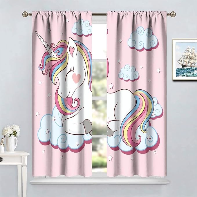 Unicorn Curtain for Kids Bedroom,Pink Cartoon Rainbow Darkening Curtains Decor Sliding Curtains Decorative Curtains for Girls Boys Baby Room,Living Room Decoration 63x72inch