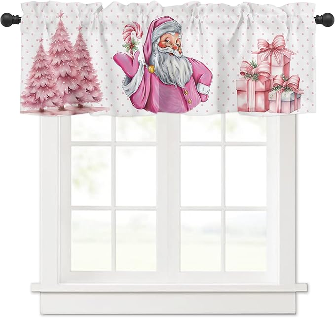 Pink Christmas Window Valance for Bedroom Living Room, Funny Santa Claus Window Curtain for Kitchen Bathroom, Pink Christmas Window Valance Rod Pocket Window Treatment, 54" W x 18" L