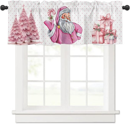 Pink Christmas Window Valance for Bedroom Living Room, Funny Santa Claus Window Curtain for Kitchen Bathroom, Pink Christmas Window Valance Rod Pocket Window Treatment, 54" W x 18" L