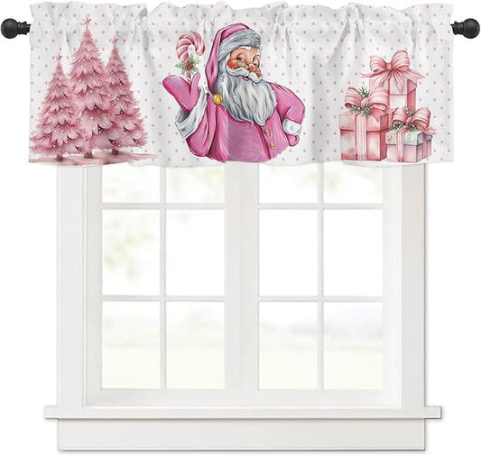 Pink Christmas Window Valance for Bedroom Living Room, Funny Santa Claus Window Curtain for Kitchen Bathroom, Pink Christmas Window Valance Rod Pocket Window Treatment, 54" W x 18" L