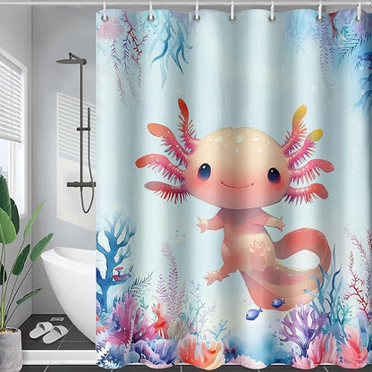 AILONEN Axolotl Shower Curtain for Bathroom,Watercolor Axolotl Coral Bath Curtain for Kids Girls,Ocean Animal Salamander Blue Shower Curtain Decoration Waterproof with 12 Plastic Hooks, 72" W*72" H