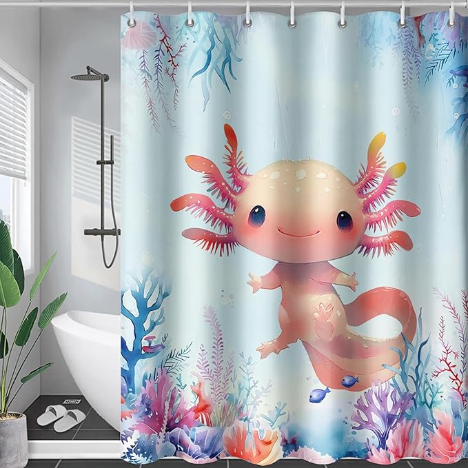 AILONEN Axolotl Shower Curtain for Bathroom,Watercolor Axolotl Coral Bath Curtain for Kids Girls,Ocean Animal Salamander Blue Shower Curtain Decoration Waterproof with 12 Plastic Hooks, 72" W*96" H