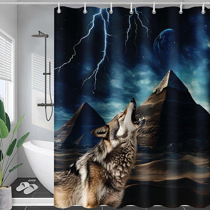 AILONEN Howling Wolf Shower Curtain,Retro Pyramid Evening Wolf Bath Curtain,Safari Wolf Curtain for Bathroom Decor,Polyester Waterproof with 12 Plastic Hooks 72" W*84" H