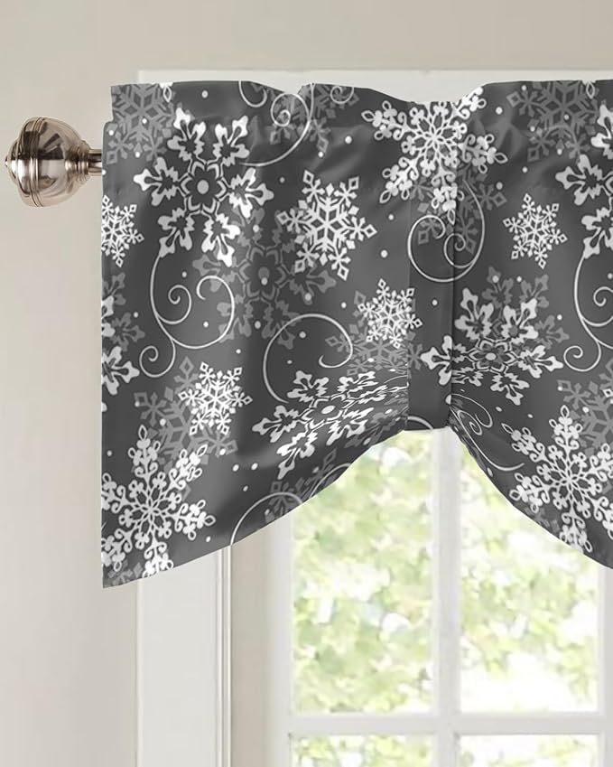 Christmas Blackout Tie Up Valance Curtains for Kitchen Windows Grey White Snowflakes Pattern Window Toppers Balloon Shades for Living Room/Bathroom/Bedroom,1 Panel, 60" X 18", Winter