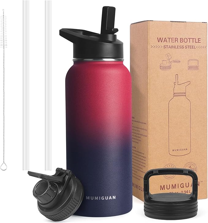 32oz Insulated Water Bottle with 3 Lids(Straw, Hand and Spout Lid), Double Vacuum Stainless Steel Metal Water Flask(BPA-free, CPC) for Sports, Camping, Hiking, Cycling, Fitness and more(Dark Rainbow)